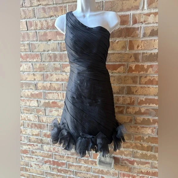 Theia one-shoulder ruched silk-blend mini dress with a rosette hem size 8 - Picture 4 of 12